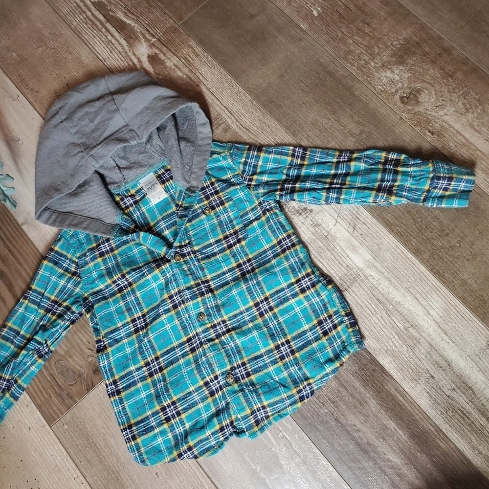 Carter's Toddler Boy Hooded Button Down Cotton Flannel Shirt Top Size 3T EUC